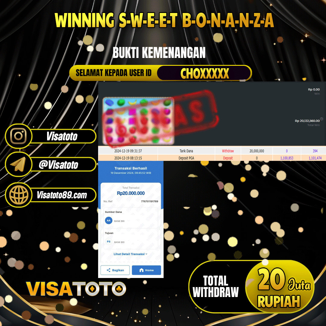 VISATOTO  JACKPOT SLOT SWEET BONANZA RP.20.000.000,- LUNAS USER ID CHO***