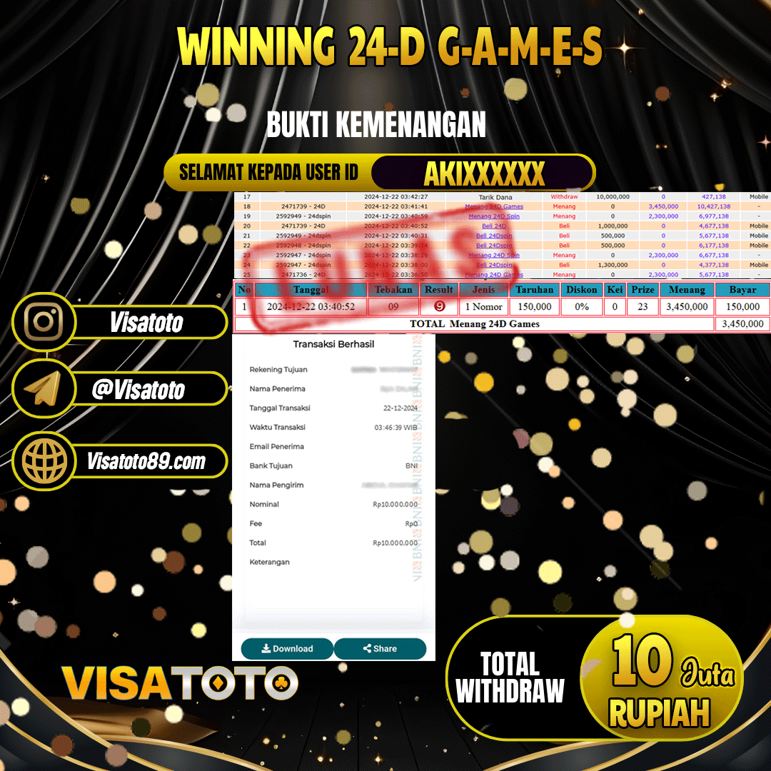 VISATOTO  JACKPOT LIVE GAMES 24D GAMES RP.10.000.000,- LUNAS USER ID AKI***