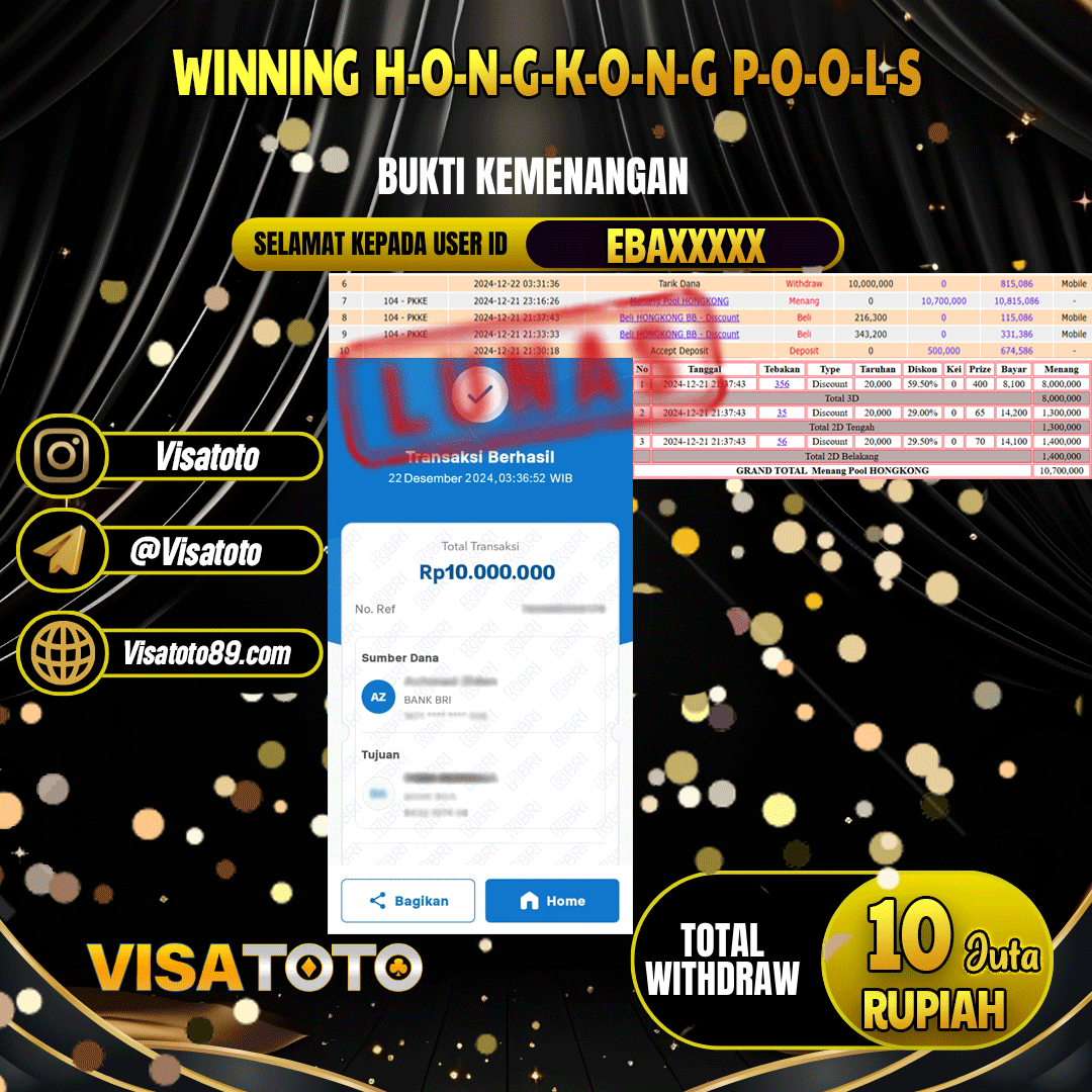 VISATOTO  JACKPOT TOGEL HONGKONG RP.10.000.000,- LUNAS USER ID EBA***