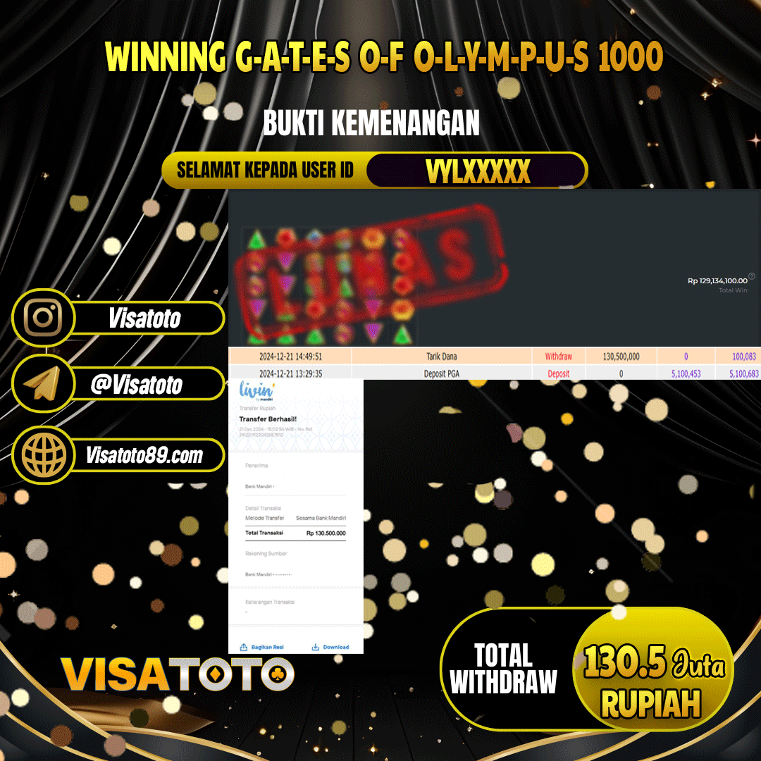 VISATOTO  JACKPOT SLOT GATES OF OLYMPUS 1000 RP.130.500.000,- LUNAS USER ID  VYL***