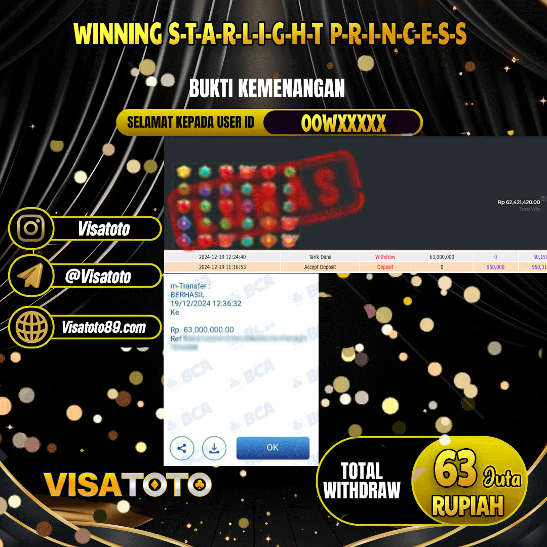 VISATOTO  JACKPOT SLOT STARLIGHT PRINCESS RP.63.000.000,- LUNAS USER ID 00W***