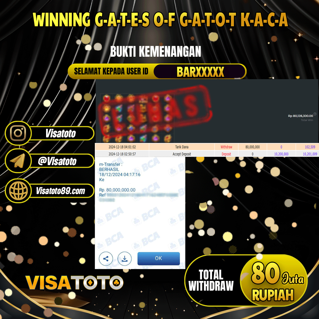 VISATOTO  JACKPOT SLOT GATES OF GATOTOT KACA RP.80.000.000,- LUNAS USER ID BAR***