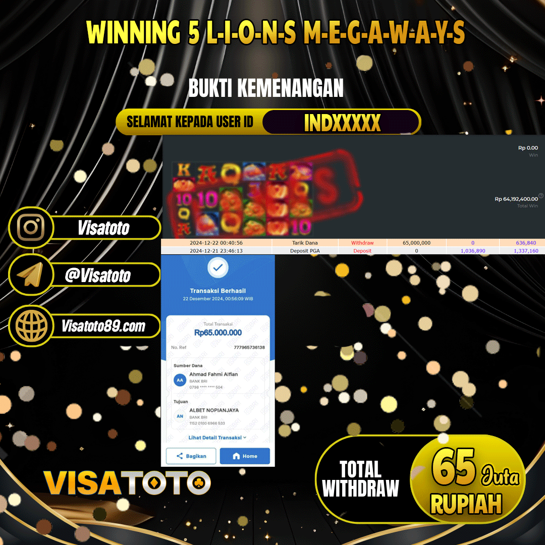 VISATOTO  JACKPOT SLOT 5 LIONS MEGAWAYS RP.65.000.000,- LUNAS USER ID IND***